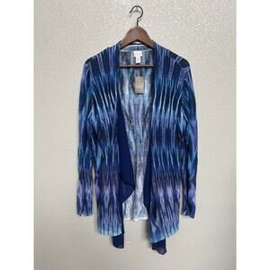NEW Chico's open knit cardigan blue tie dye chiffon long sleeve artsy 2/L linen